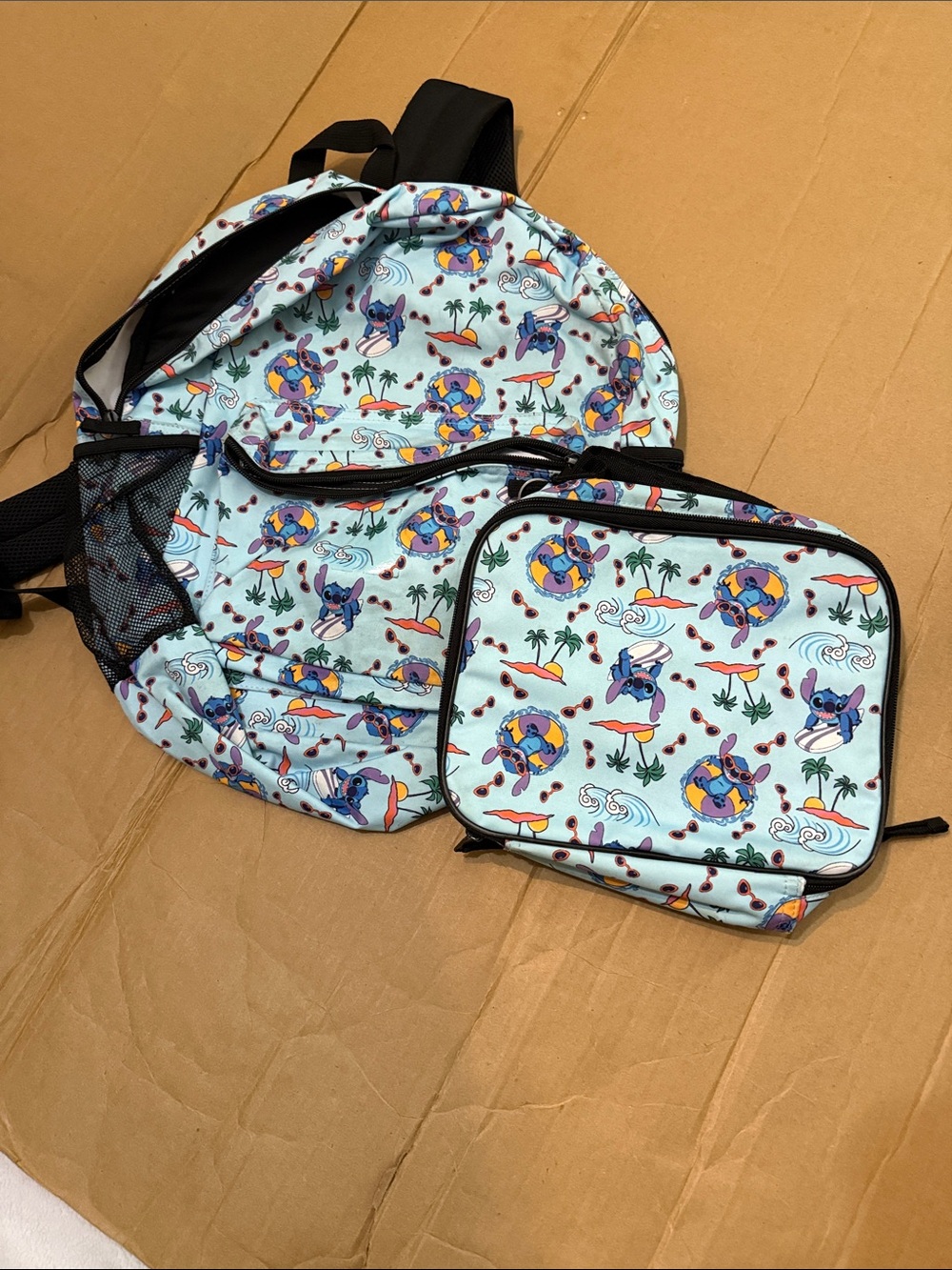 Disney Light Blue Stitch & Tropical Print Kids Backpack and Lunch Bag Set